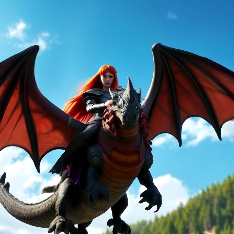 Subject: A fearless rider on a dragon. Subject movement: The dragon glides majestically through the bright blue sky, its powerful wings flapping rhythmically as it ascends. Scene: High above the landscape, framed by fluffy white clouds and the vast sky. Lighting: Bright midday sun illuminating the scene with vibrant colors. Motion: The camera follows a dramatic tracking shot from slightly below and behind the dragon, capturing the exhilarating flight as it maneuvers effortlessly through the open air.