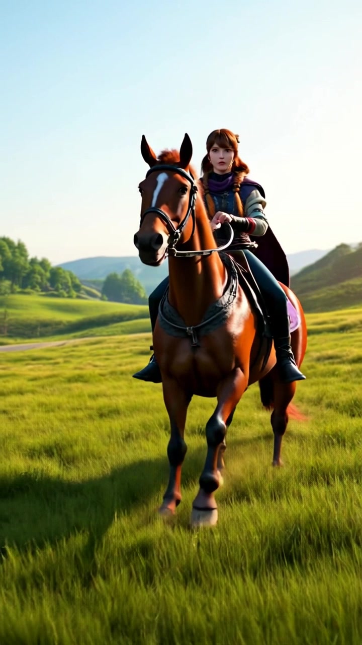 Subject: A determined rider named Emma holding the reins tightly. Subject movement: Emma's intense gaze fixed ahead as the horse gallops confidently through a sunlit meadow. Scene: A lush, vibrant meadow with rolling hills in the background. Style: Morning light illuminating the vibrant greens and warm tones of the landscape. Motion: The camera follows closely alongside Emma, panning smoothly to capture both her focused expression and the powerful motion of the horse as they race across the meadow.