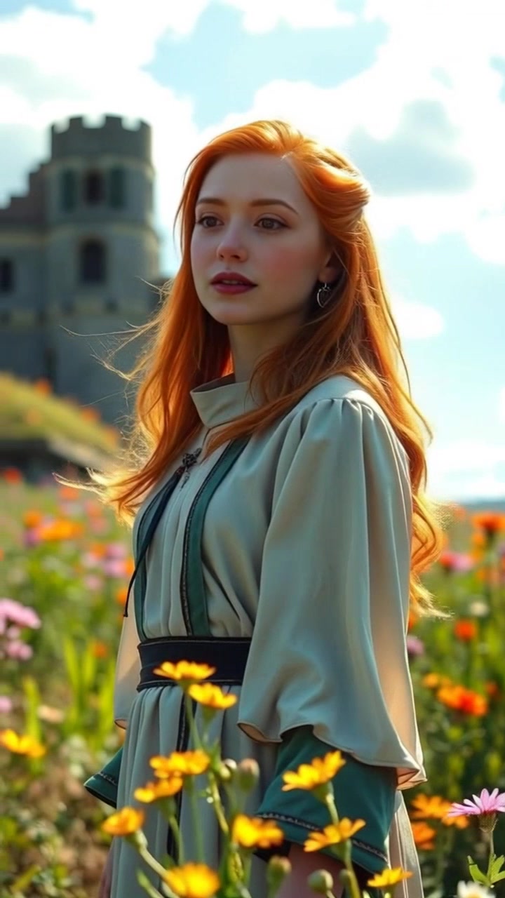 Subject: A young woman standing in a sunlit meadow filled with wildflowers. Subject movement: She lifts her arms slowly, swaying gently in the breeze as she gazes thoughtfully at the sky. Scene: Vibrant meadow adorned with colorful wildflowers, under a bright blue sky scattered with fluffy clouds. Lighting: Natural sunlight illuminating the flowers and her figure, creating a warm and inviting atmosphere. Motion: The camera glides in a smooth, gentle arc around her, capturing the beauty of the surroundings while focusing on her serene expression.
