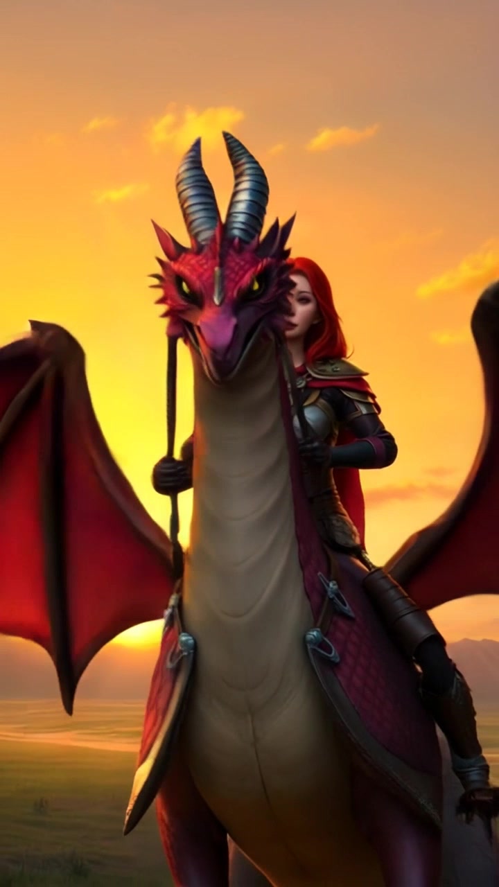 Subject: Emma mounting her dragon, Whisper, with determination. Subject movement: Emma signals the dragon to take flight as they prepare to soar into the sunset. Scene: High above a rugged landscape, the sky ablaze with deep oranges and purples from the setting sun, casting long shadows over the terrain. Style: Warm sunset lighting illuminating the duo, highlighting their silhouettes against the vibrant sky. Motion: The camera gently rises with them, establishing an expansive aerial view as they ascend into the evening sky.