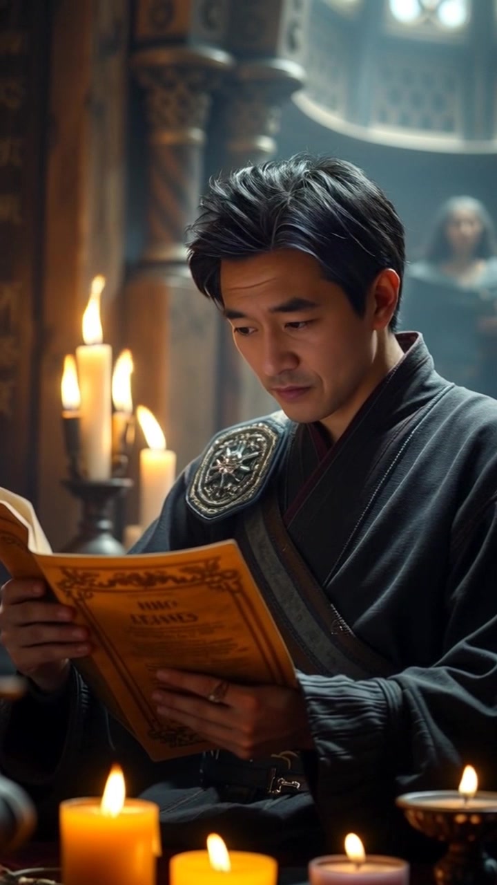Subject: Hiro reading ancient scrolls, his eyes focused intently on the delicate parchment. Scene: A dimly lit room filled with flickering candles casting dancing shadows on the walls, creating an atmosphere of mystery and reverence. Motion: Camera slowly pushes in to capture the intricate details of the scrolls as the warm candlelight enhances the texture of the aged paper, spotlighting Hiro's concentrated expression.