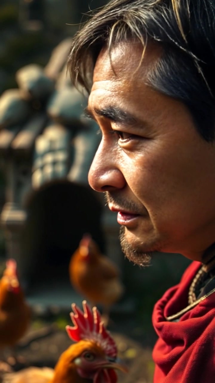 Subject: A worried individual gazing into an empty chicken coop. Subject movement: The person's expression shifts from worry to determination as they contemplate their next steps. Scene: Close-up of the concerned face framed against the backdrop of a weathered chicken coop, surrounded by overgrown grass and a few scattered feathers. Style: Soft, natural light filtering through the trees creates a serene yet tense atmosphere. Motion: Camera zooms in slowly on the face, capturing the nuanced emotions, then pans out to reveal the empty coop, emphasizing the solitude.