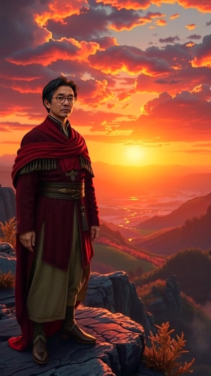 Subject: Hiro standing confidently on a cliff. Subject movement: He looks out over the valley, shifting his weight slightly and adjusting his stance. Scene: A cliff's edge at sunset with sprawling valley vistas below, bathed in warm hues of orange and purple. Style: Golden hour lighting enhances the dramatic landscape, casting long shadows and illuminating Hiro's figure. Motion: Camera begins with a wide shot capturing the vastness of the valley, then slowly pushes in to focus on Hiro as the wind gently rustles around him.