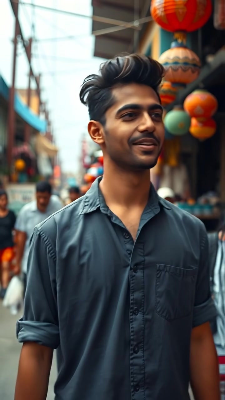 Arjun walks through a vibrant street market, smiling and taking in the sights.