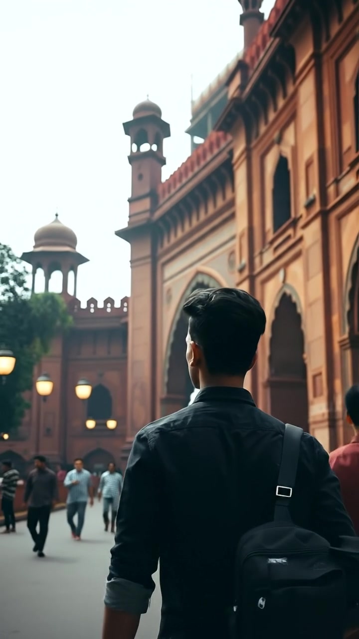 Arjun strolls under the massive Red Fort gate in India, pausing to admire its scale. 