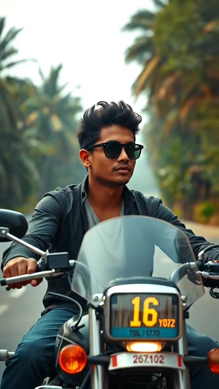 Arjun riding a motorcycle through an indian highway with jungle trees on the side