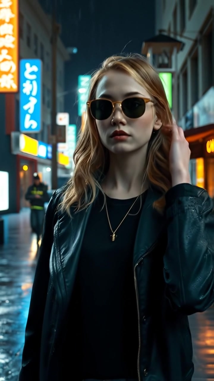 Ashley walking in a cyberpunk street at night when it's raining