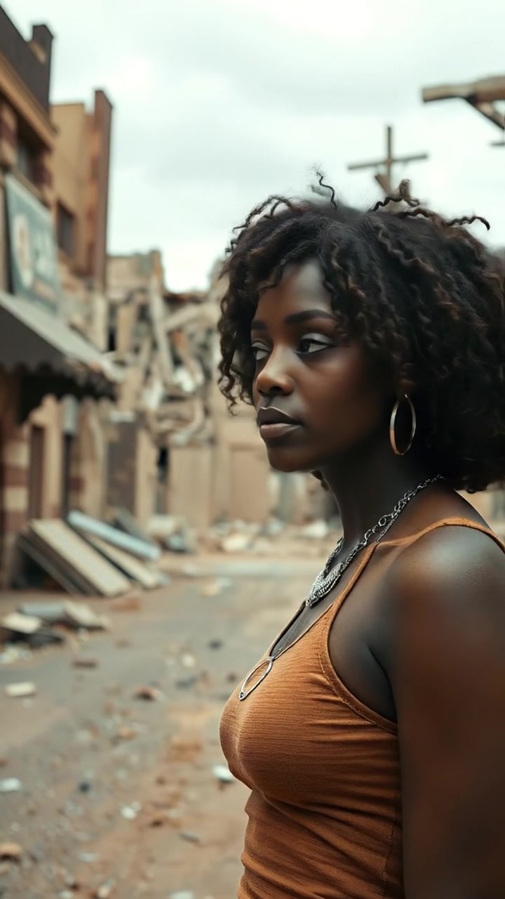 Nia in a street with ruins in a post-apocalyptic world