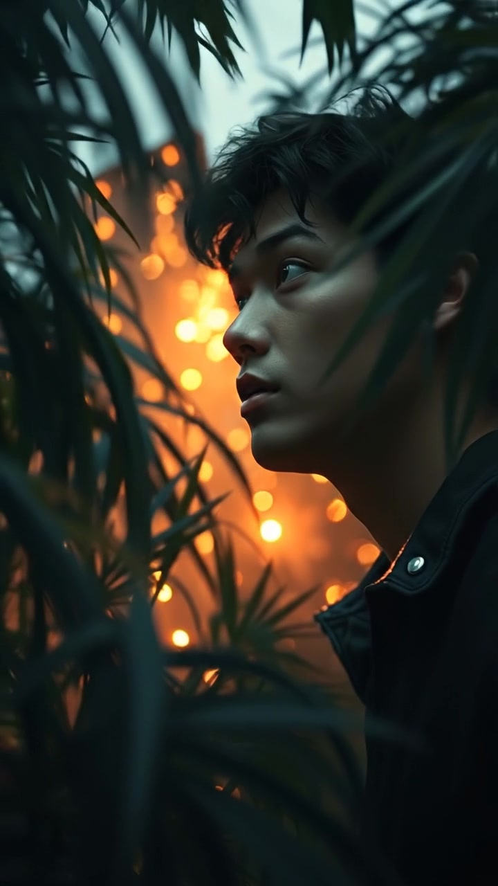 Ken looking through bushes of an enchanged magical forest with sunlight peeking through