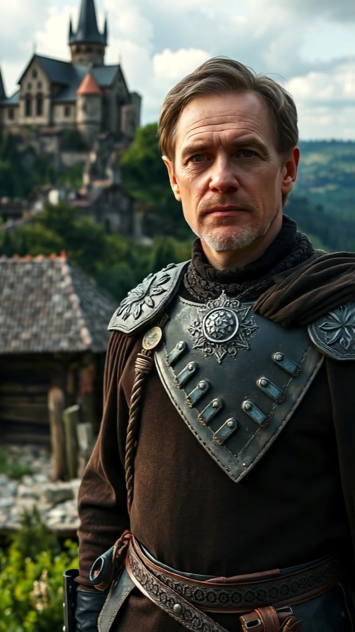 Mark in a medieval outfit standing in a medieval village with a castle in the background