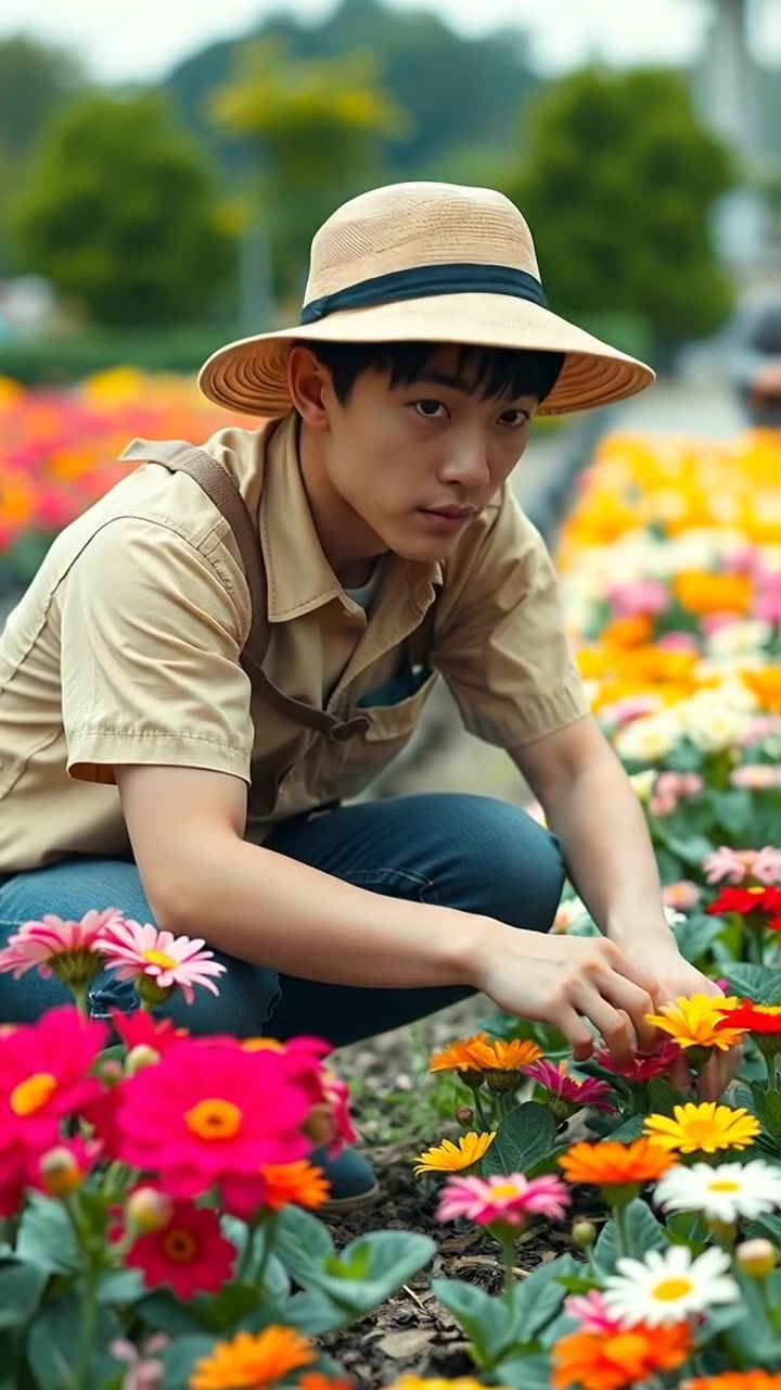 Ken kneeling in colorful flowers wearing a sunhat and gardening.