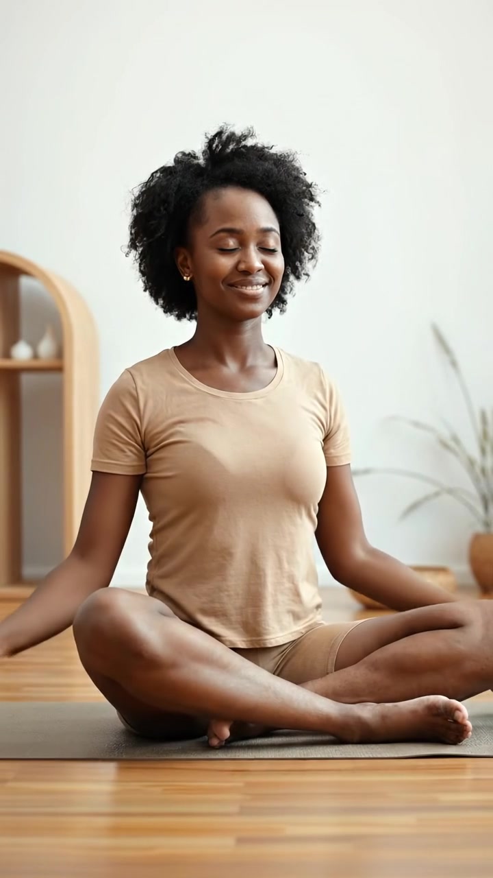 Nia sitting cross-legged in a minimal zen room doing yoga, closed eyes and smiling