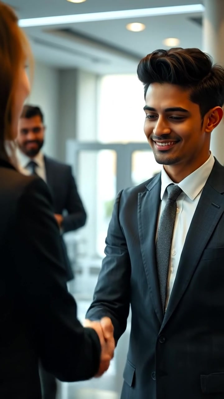 Arjun wearing a business suit shaking hands with someone in a sleek office 