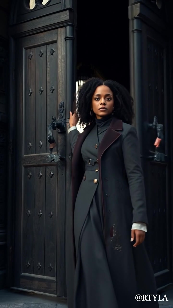 Nia  in a flowing coat pushes open the heavy doors of a gothic castle