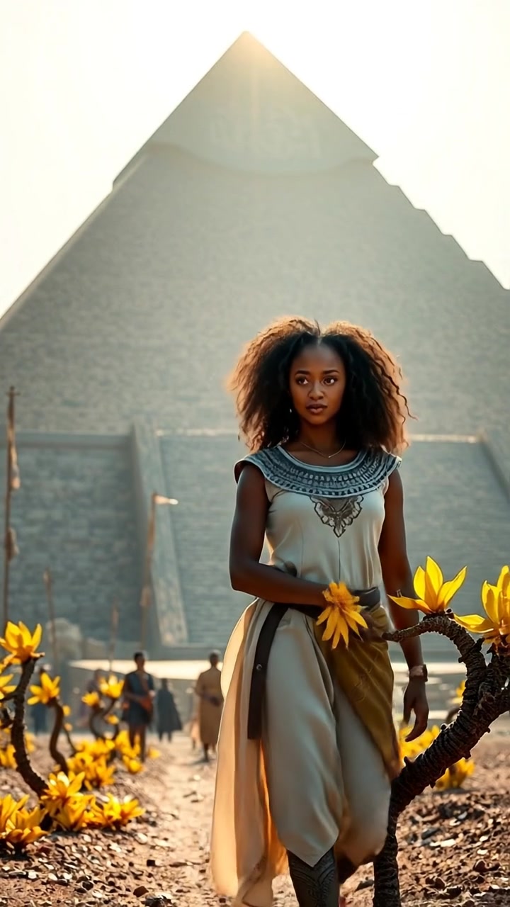 Nia in light clothing walks past a massive pyramid in the midday sun. 