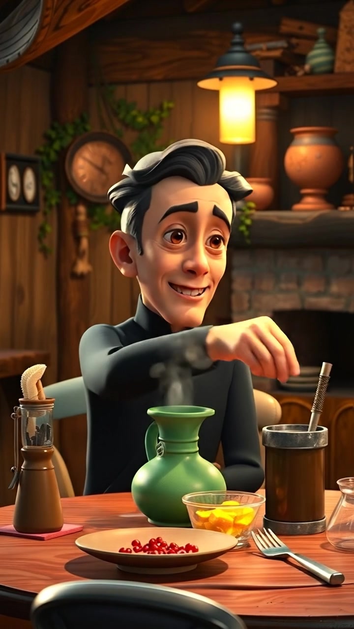 Mark sits at their table stirring a steaming potion, inside a crooked wooden cottage