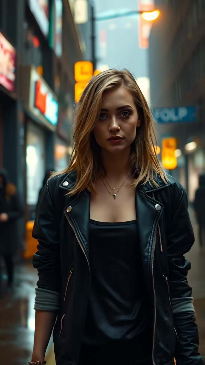 A handheld-style shot follows the person walking through a rainy, neon-lit cyberpunk street, reflections flickering on the pavement as the camera subtly sways with each step. The audio features rain pattering on pavement with distant cyberpunk city sounds and electronic ambiance.
