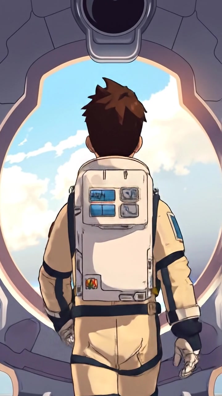 The camera trails a suited astronaut as they stride toward the shuttle’s hatch, pausing to look back with quiet determination before stepping inside. The audio features futuristic space sounds with mechanical airlock and ambient space station noise.