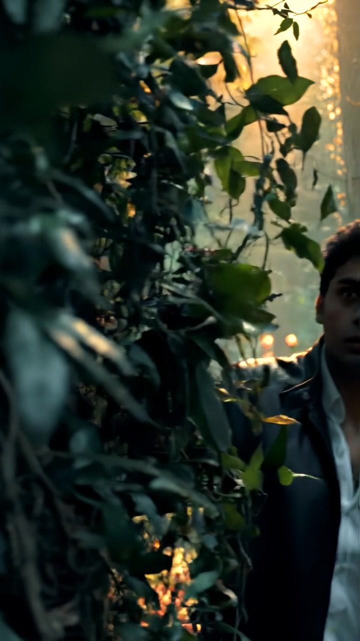 The camera pushes through thick foliage to reveal the person parting the bushes in an enchanted forest, golden sunlight piercing the canopy as they react in wonder. The audio features mystical forest sounds with rustling leaves and magical ambient tones.