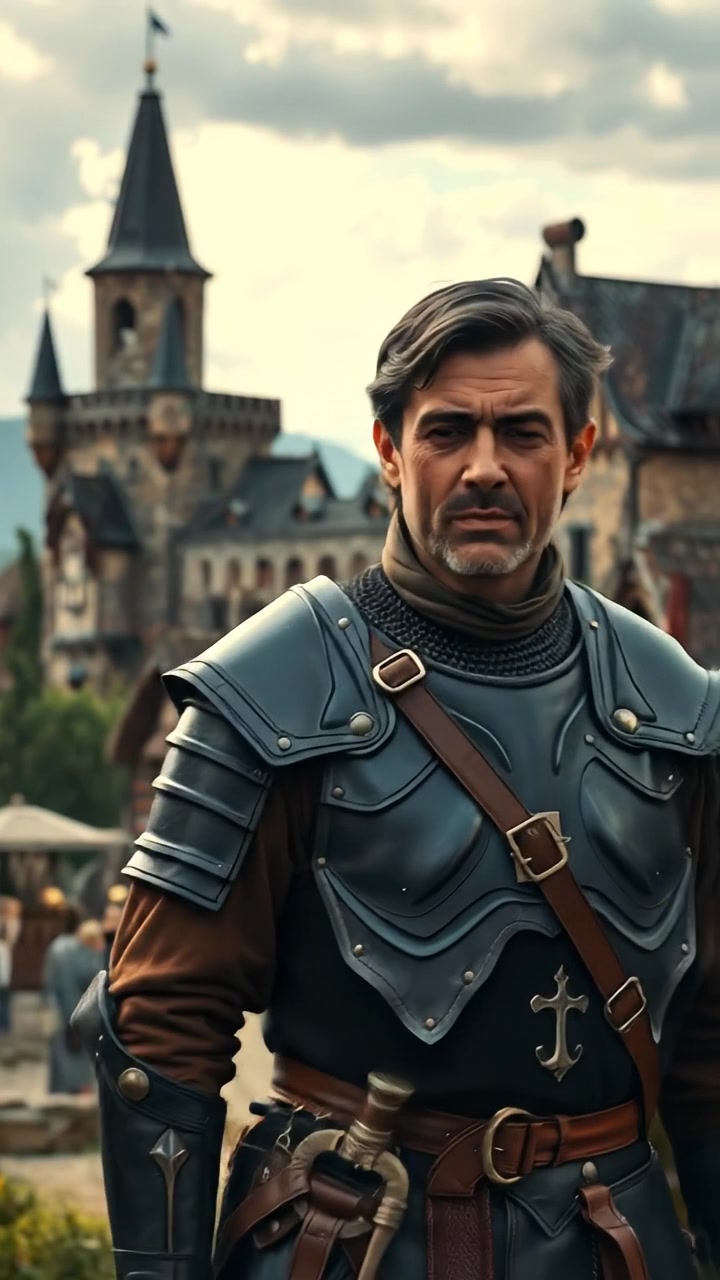 A slow pan tracks the person walking through a medieval village in period attire, the castle looming behind them as torchlight flickers along stone walls. The audio features medieval village atmosphere with distant castle sounds and period ambiance.