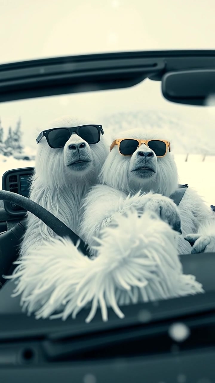 The camera tracks smoothly beside the car as it winds through snowy mountain roads, flurries swirling past the windshield. The audio features snow-crunching tires, howling mountain wind, and the low hum of the car engine.
