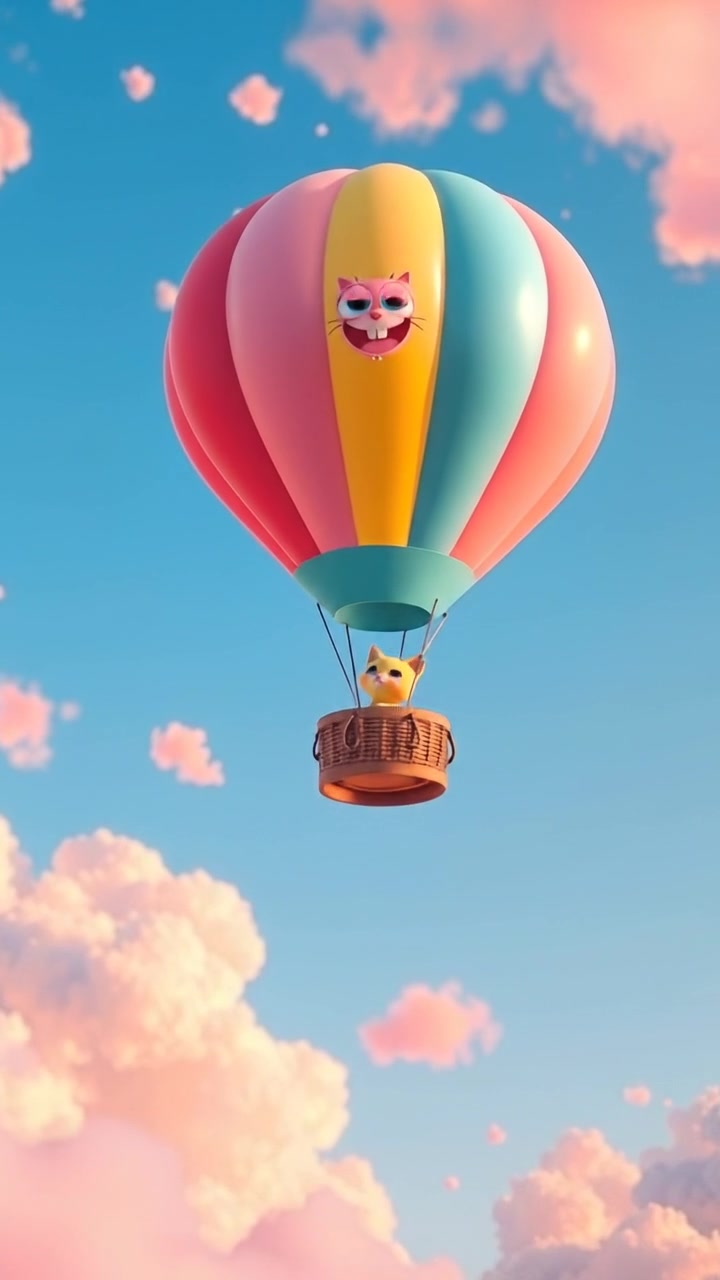 The hot air balloon lifts gracefully into the sky, drifting upward and out of frame as clouds drift slowly behind it. The audio features soft wind gusts, creaking ropes, and birds echoing high above.