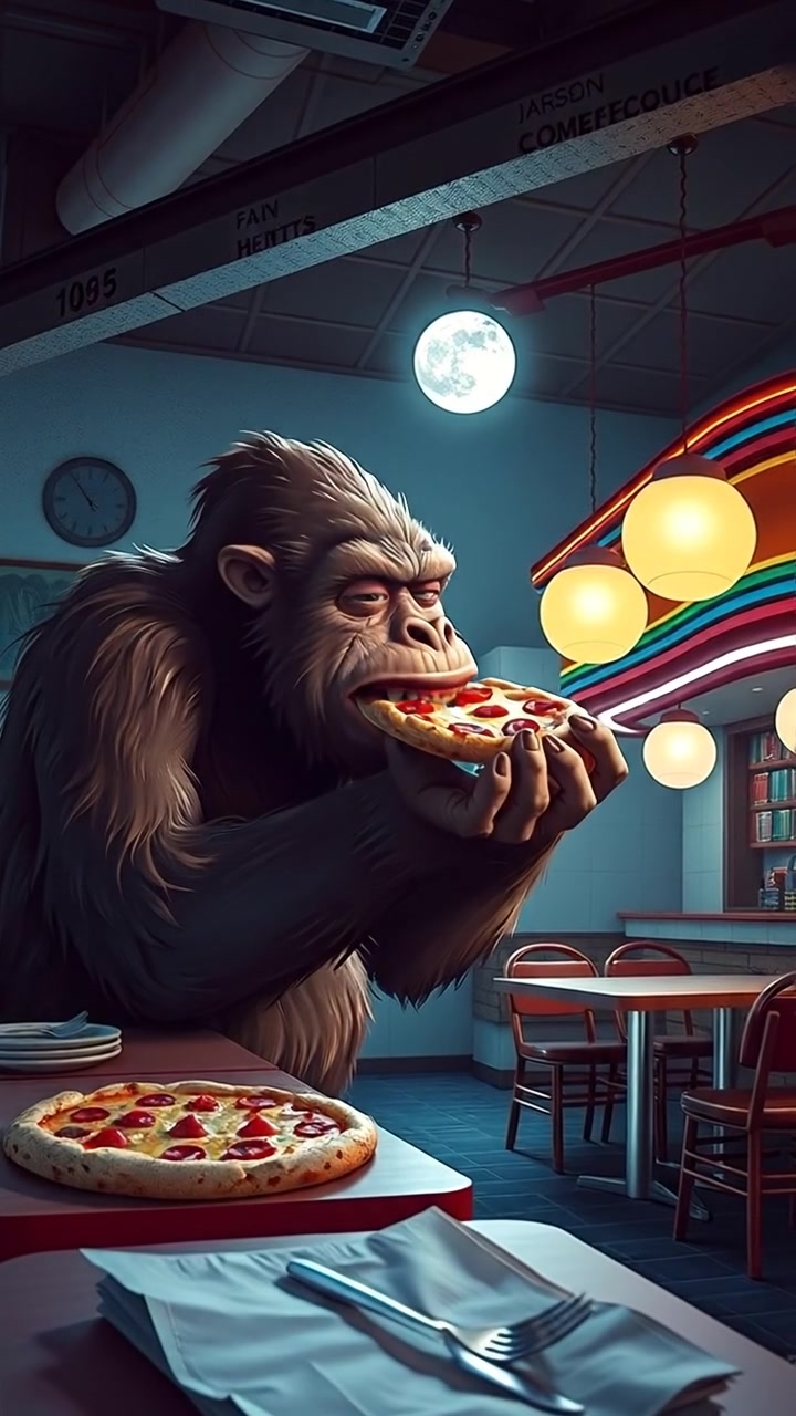 Bigfoot takes a bite of the pizza, grins wide, and leans back with satisfaction under the flickering lights of the abandoned diner. The audio features soft diner ambiance, flickering light buzz, and exaggerated pizza crunch.