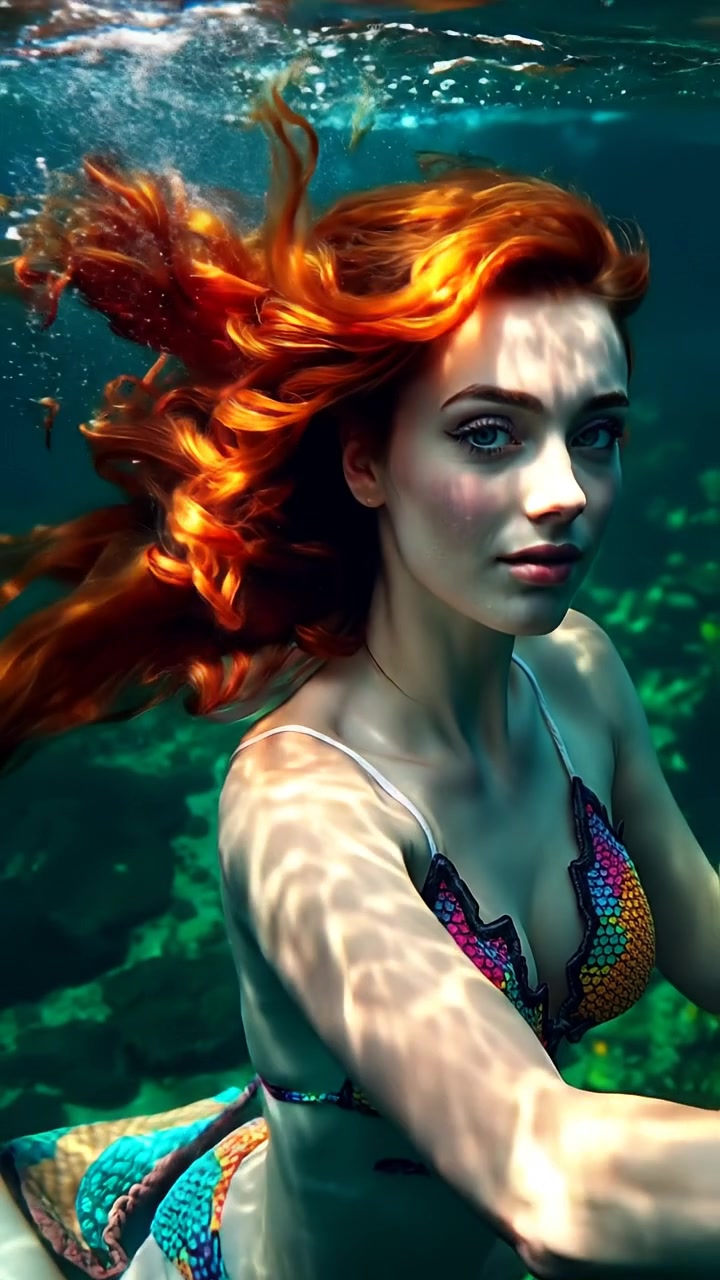 The camera follows gently as they swim through clear water, sunlight rippling across their body and the ocean floor below. The audio features gentle underwater bubbling, swishing water, and distant whale calls.