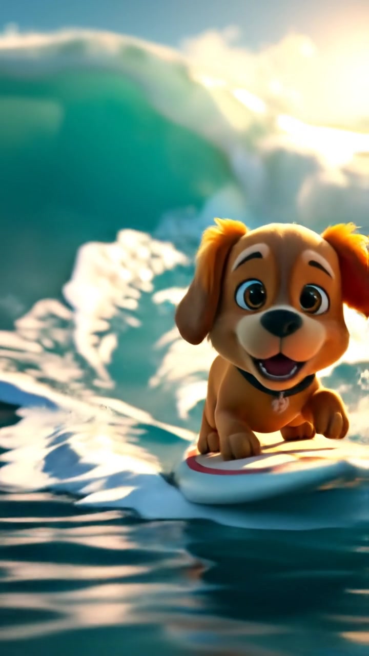 The camera races alongside the dog as it surfs a growing wave, water spraying in the sunlight as the swell builds. The audio features crashing waves, barking excitement, and the roar of surf building.