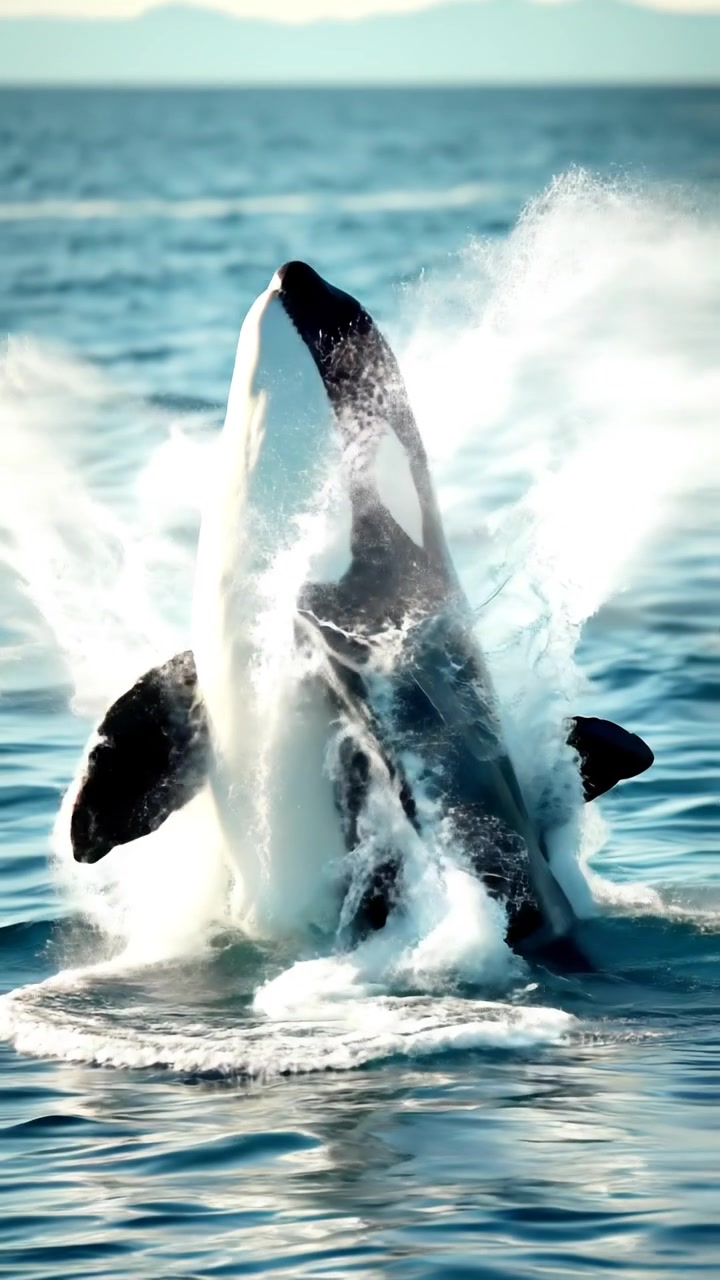 The orca leaps from the water with a massive splash, the camera sweeping upward to catch the glistening arc. The audio features a massive splash, orca vocalizations, and ocean ambience swelling.