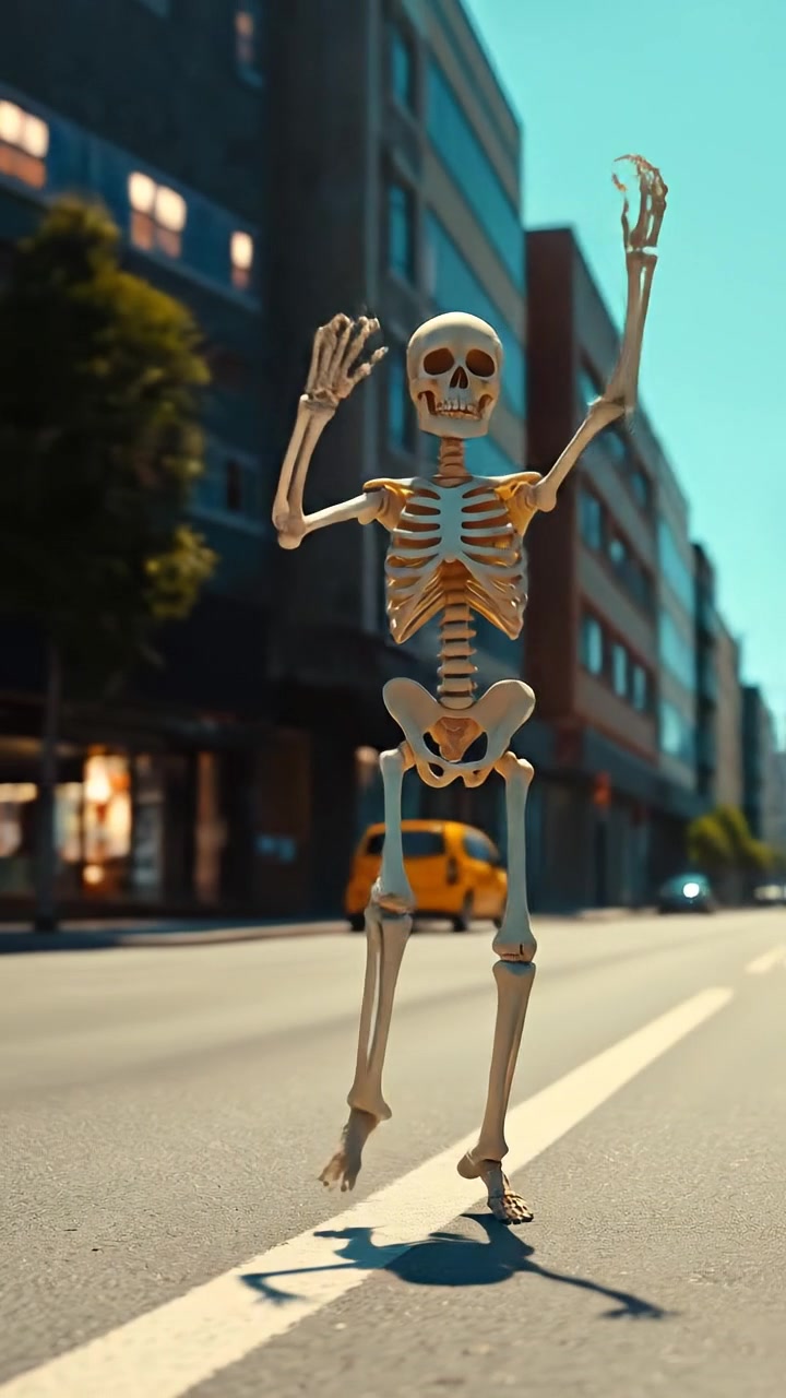 The camera circles the skeleton as it dances joyfully, bony arms raised, a wide smile glowing in the moonlight. The audio features whimsical xylophone notes with rattling bones and soft night wind.