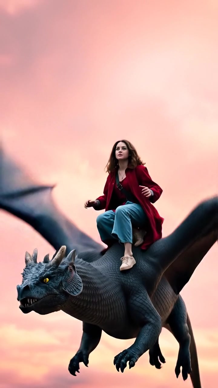 The camera flies alongside the dragon as it soars across the sky, clouds parting in its wake. The audio features strong wind gusts, dragon wing beats, and soaring fantasy tones.