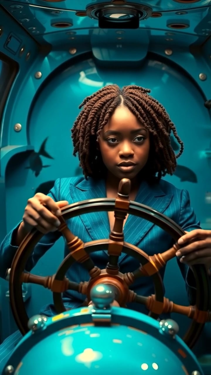 Fish dart through the water behind the glass as the camera peers over the pilot’s shoulder, steering the submarine through the deep. The audio features soft sonar pings, bubbling currents, and submarine thrums.