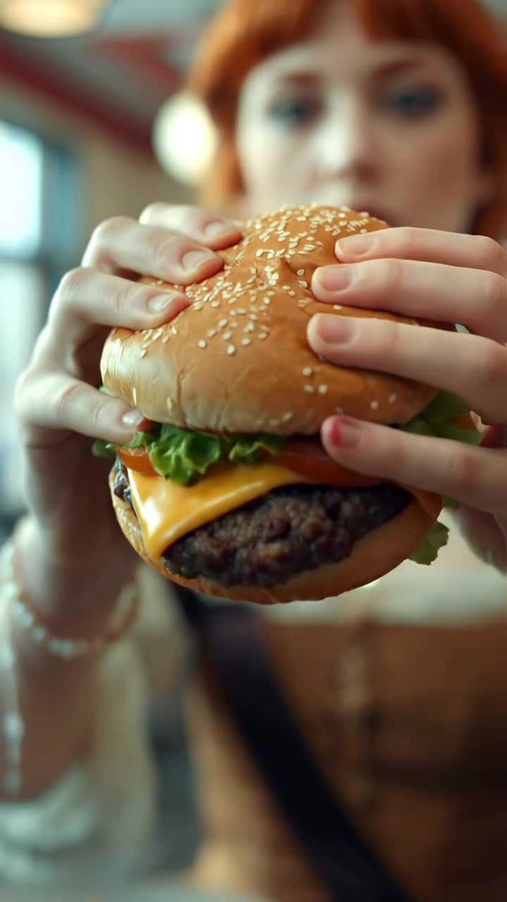 The camera pulls in close as the burger is lifted, then tracks the bite — juicy, messy, and satisfying. The audio features juicy crunch, sizzling meat sounds, and muffled chewing satisfaction.