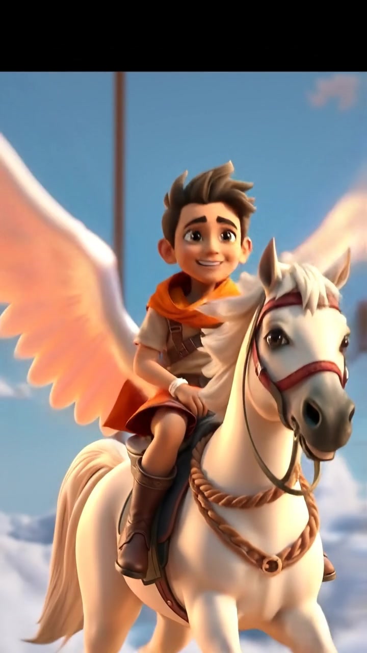 The camera soars with the horse as it gallops through the sky, mane trailing like a comet’s tail against the clouds. The audio features galloping hooves, whipping wind, and cinematic adventure music.