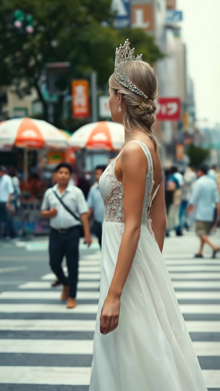 The camera drifts behind them as they cross the street, weaving between passing figures and city life in motion. The audio features city footsteps, background chatter, and gentle car horns passing.
