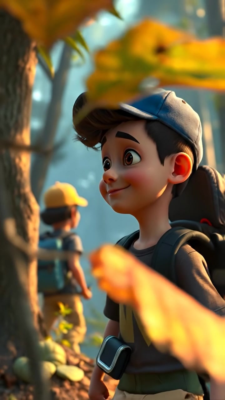The camera peeks through the trees as they cautiously step forward, leaves rustling around their silhouette. The audio features close leaf rustling, breathy tension, and forest stillness.