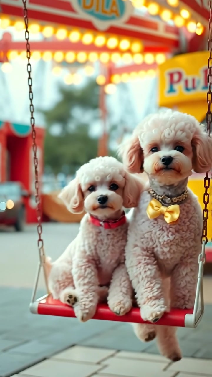 The camera sways gently as the poodle dogs swing back and forth, their ears bouncing with each arc. The audio features squeaky swing chains, gentle dog barks, and a breeze through the park.
