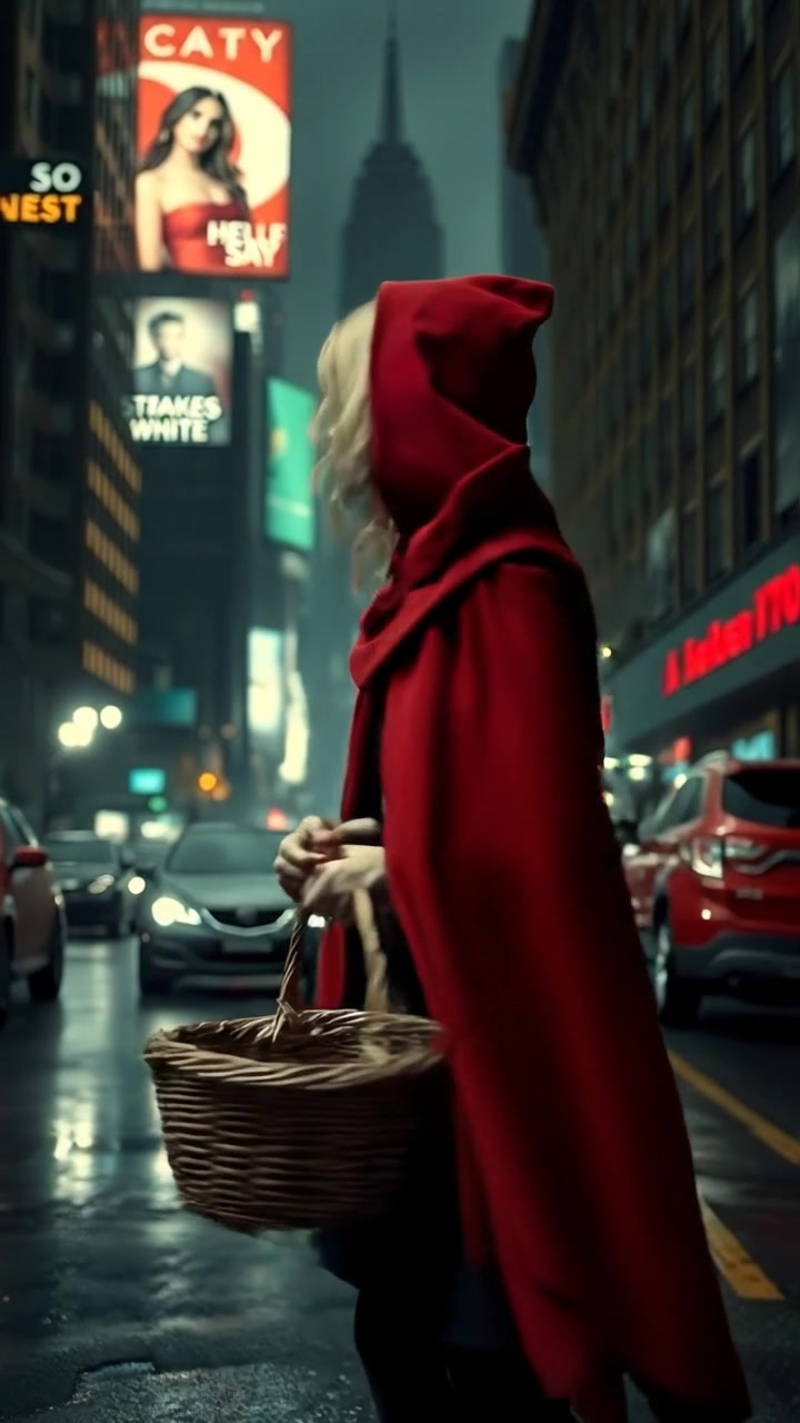 The camera follows Little Red Riding Hood walking away, slowly revealing a sprawling futuristic city beyond the trees. The audio features wind through trees, Red’s steps crunching, and distant sci-fi city ambiance.