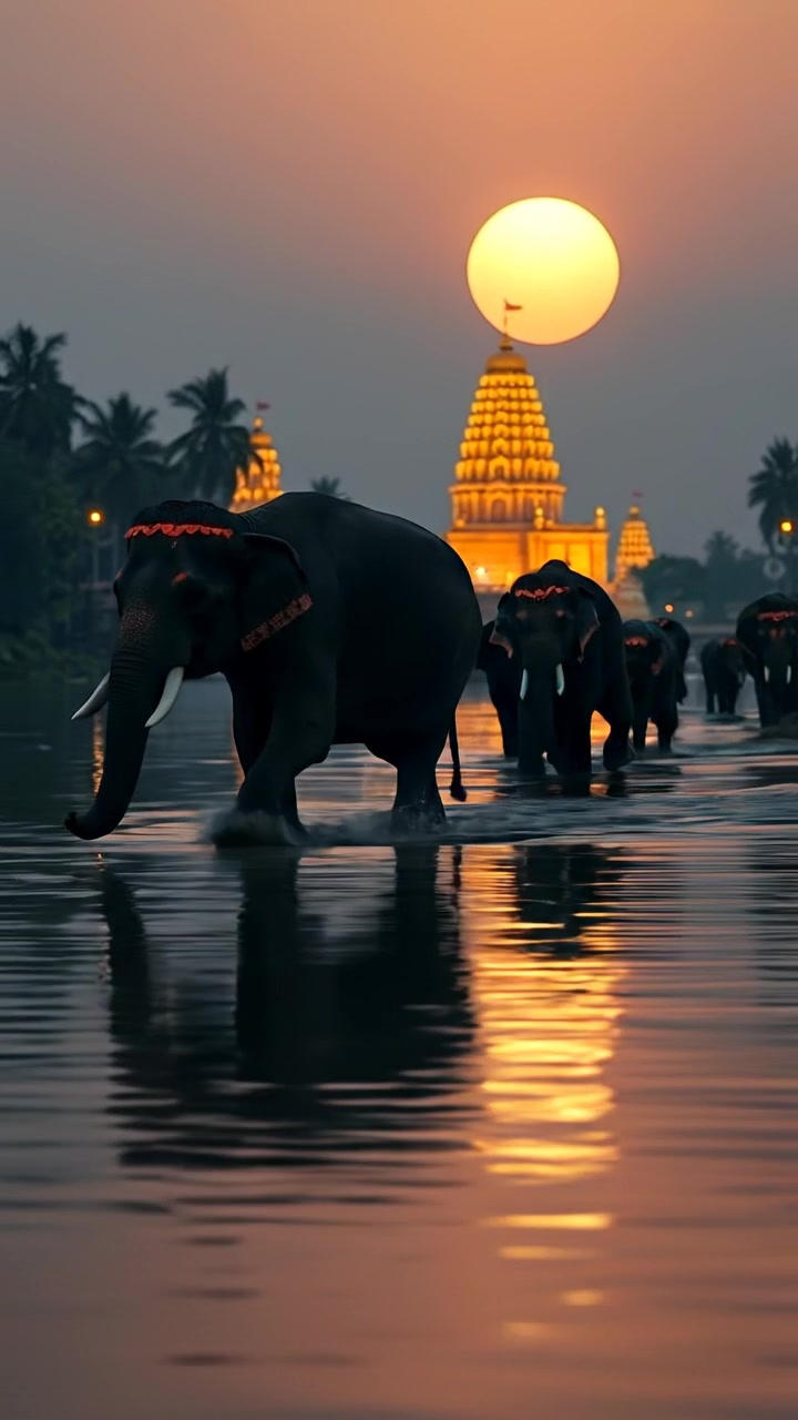 The camera glides alongside the elephants as they cross the glowing river, reflections shimmering and temple bells echoing at twilight. The audio features rhythmic elephant steps, river water sounds, and distant temple bells.