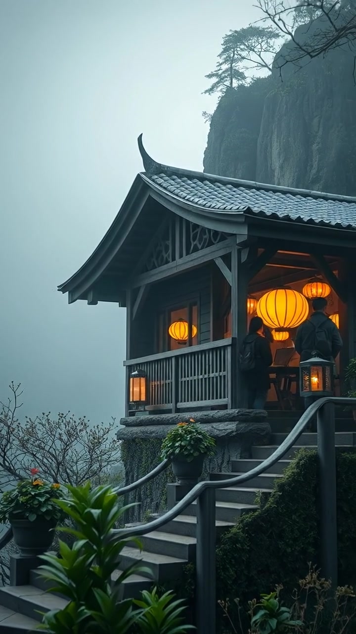 The camera floats through the misty mountain air, arriving at the glowing tea house as lanterns sway and figures gather inside. The audio features clinking teacups, murmured conversation, and gentle mountain winds.