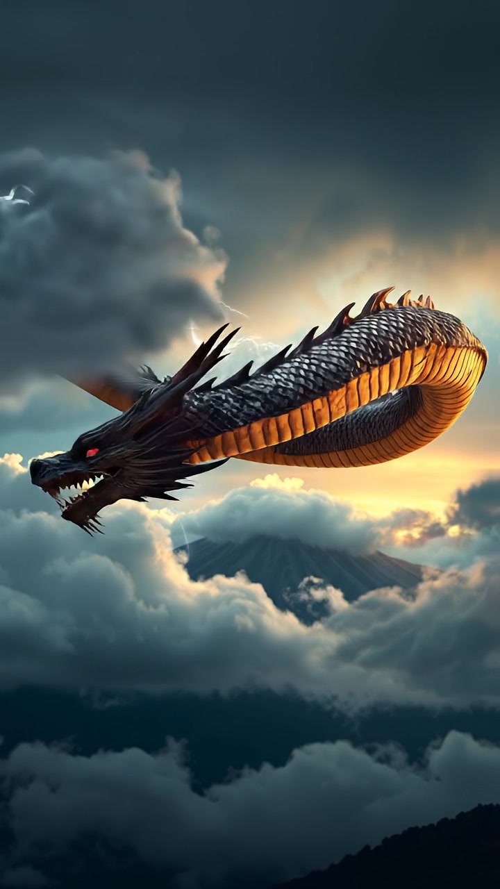 The camera spirals around the celestial dragon as it coils through storm clouds over Mount Fuji, lightning flashing off its scales. The audio features thunderous roars, crackling lightning, and swirling wind.