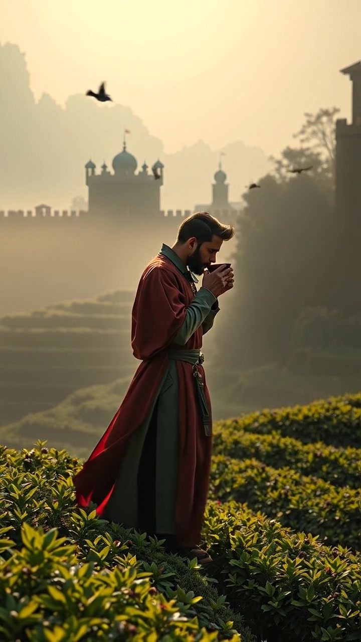 The camera floats gently through the morning fog, settling on the figure sipping tea in the terraced field as birds rise. The audio features gentle birdcalls, distant tea leaves rustling, and soft sipping.