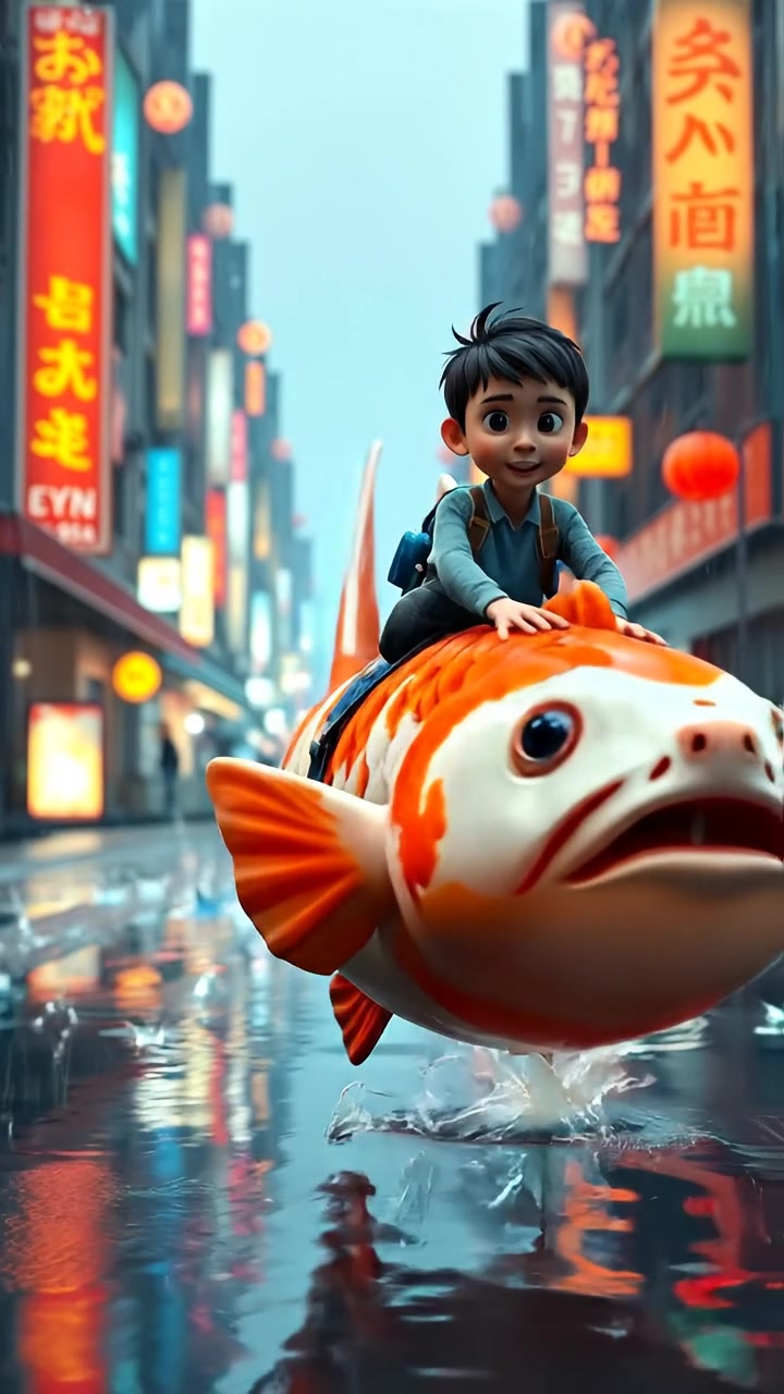 The camera glides low above neon reflections, following the boy and the giant carp as they swim through rainy Tokyo streets. The audio features rain hitting water, city ambiance, and magical fish splashes.