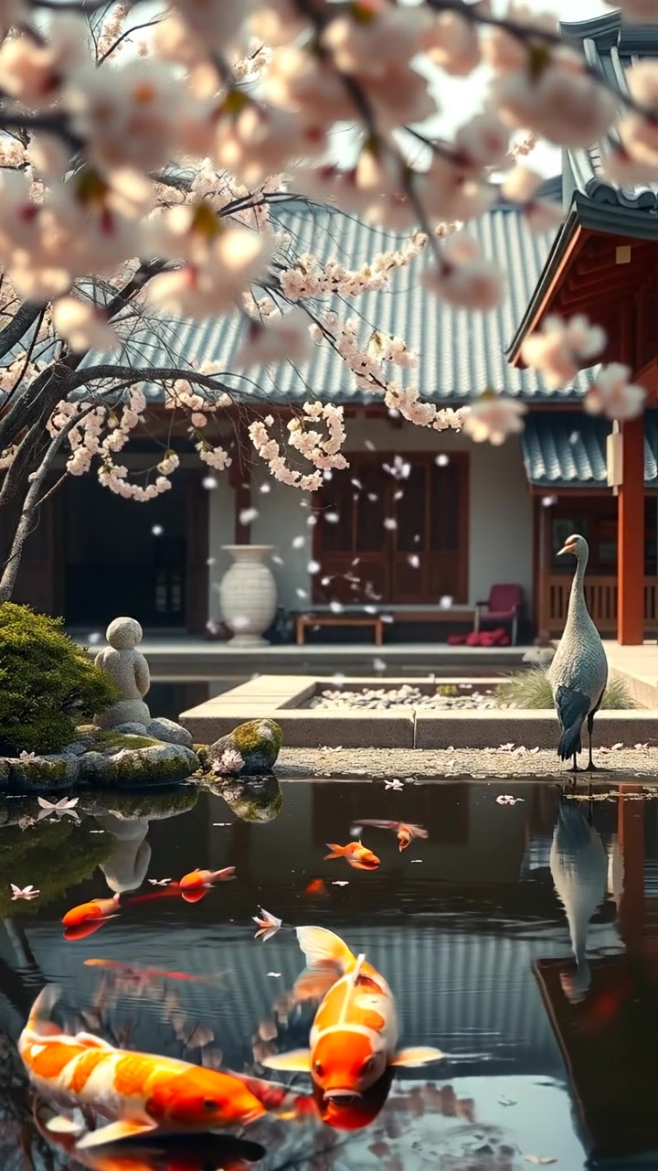 The camera holds steady in the peaceful courtyard as the crane stands still, petals drifting down into the koi pond below. The audio features trickling water, distant temple chimes, and soft petals landing.