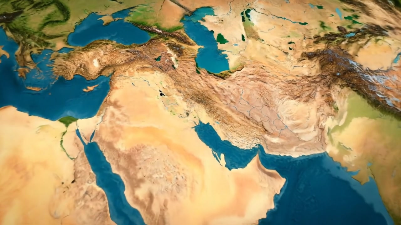 A slow zoom focuses on a detailed map of the Middle East, with Iran and Israel clearly highlighted using glowing geographical markers. The camera subtly pans across the region, emphasizing borders and topography with a clean, informative style.. Style is 3D animation like a pixar movie.