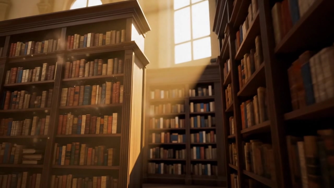 Make a video in 3D animation like a pixar movie.A steady tracking shot moves between towering bookshelves as dust motes drift through sunbeams. The space is quiet and reverent, filled with worn leather bindings and the scent of age.
