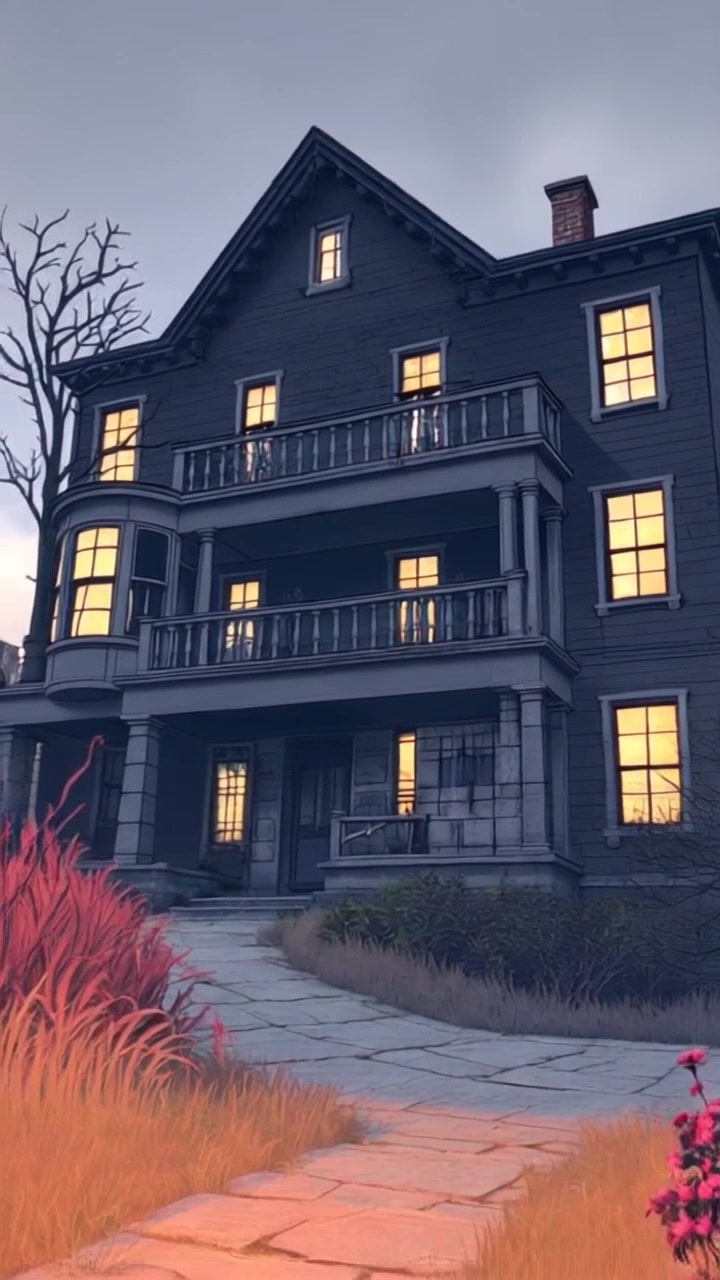 Scene: An old, dilapidated house surrounded by overgrown weeds and a cracked pathway, conveying an air of mystery. Style: Bright daylight filtering through scattered clouds, highlighting the weathered textures of the house. Motion: A handheld camera begins with a close-up of the protagonist's skeptical expression, then pulls back smoothly to reveal the full house, creating an immersive perspective that evokes curiosity.