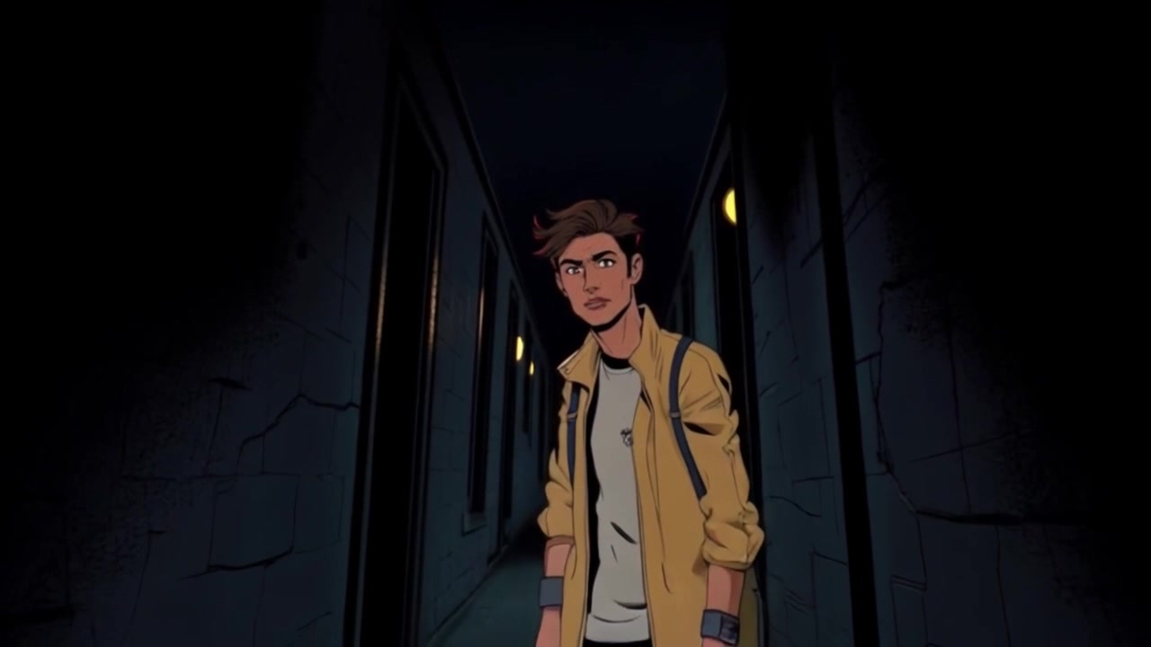 Scene: A dark, ominous hallway with shadows creeping along the walls, faint echoes of distant sounds reverberating through the space. Style: Dimly lit atmosphere, with sporadic flickers of light creating an unsettling ambiance. Motion: Camera gradually pushes in, capturing the tension as Rahul hesitates at the threshold, the sound of his breathing accentuated in the eerie silence.