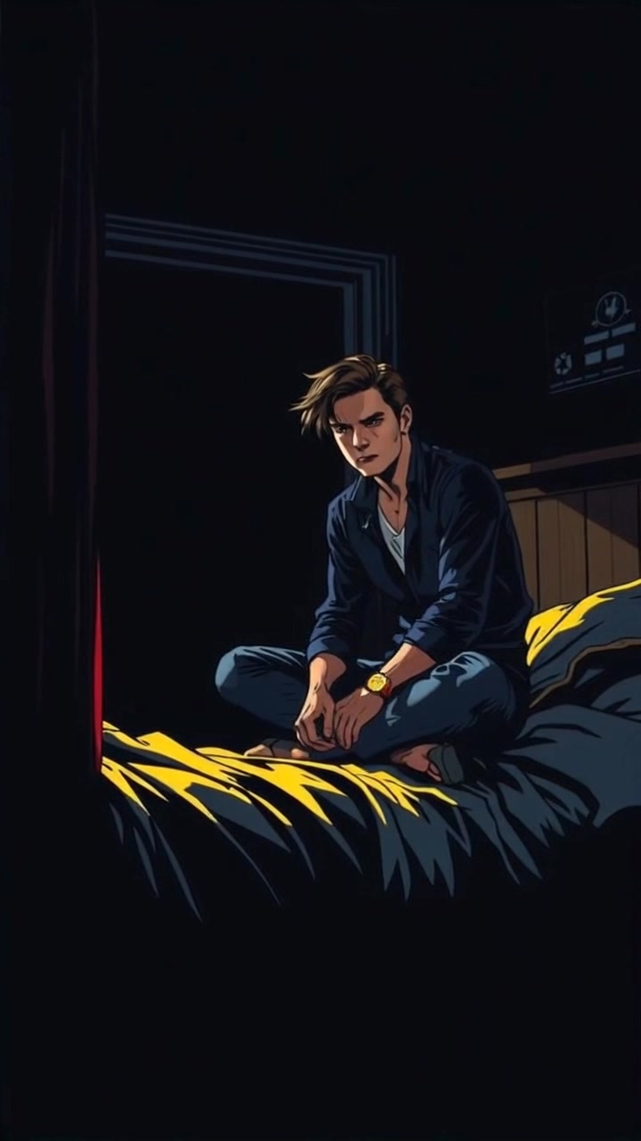 Subject: You sitting on the edge of the bed, looking anxious. Subject movement: Your fingers nervously tap against the bedspread, conveying a sense of unease. Scene: A dark room with soft shadows and minimal light, focusing attention on your anxious demeanor. Style: Moody lighting that creates a tense and introspective atmosphere. Motion: The camera starts with a close-up on your face, slowly pushing out to reveal the bedroom setting, highlighting the contrast between your body language and the encompassing darkness.